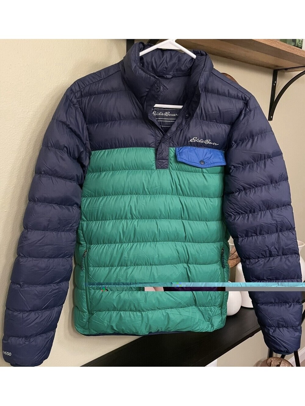 Eddie Bauer EB650 Navy & Green Snap Pullover Puffer Jacket Size Small [READ]